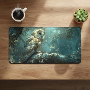 May include: Rectangular mousepad featuring a detailed illustration of a barn owl perched on a tree branch in a forest setting. The owl has white, brown, and tan feathers. A cup of coffee and a small potted succulent are also on the wooden surface.