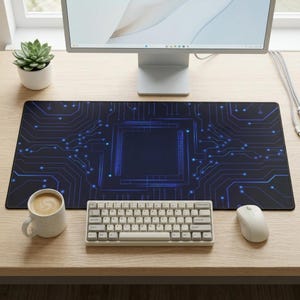 May include: A rectangular desk mat featuring a dark blue circuit board pattern with glowing light blue lines and nodes. The mat is positioned under a white mechanical keyboard and a white computer mouse, with a ceramic mug and a small succulent nearby.