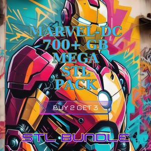 Puede incluir: Una vibrante obra de arte digital que presenta a Iron Man en una pose dinámica. La imagen está superpuesta con texto que dice "MARVEL-DC 700+ GB MEGA STL PACK" y "STL BUNDLE". La paleta de colores incluye rojo, amarillo y azul.