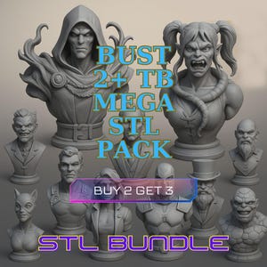Könnte beinhalten: Eine Sammlung grauer Büsten verschiedener Charaktere, darunter eine Kapuzenfigur und eine Frau mit Zöpfen. Das Bild enthält den Text "BUST 2+ TB MEGA STL PACK" und "STL BUNDLE". Ein Banner zeigt "BUY 2 GET 3".