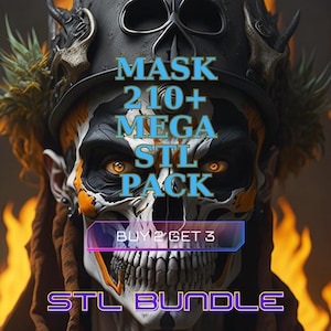 Op de afbeelding: Een digitale kunstafbeelding van een masker met schedelgezicht met de tekst "MASK 210+ MEGA STL PACK" in blauw en wit. De afbeelding bevat ook de tekst "BUY 2 GET 3" en "STL BUNDLE" in paars en wit. Het masker heeft oranje en zwarte accenten.