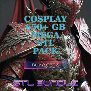 May include: A digital image showcasing a cosplay-themed STL bundle. The image features text that reads "COSPLAY 650+ GB MEGA STL PACK" in a blue font. Additional text includes "BUY 2 GET 3" and "STL BUNDLE". The background features a red and silver armor design.