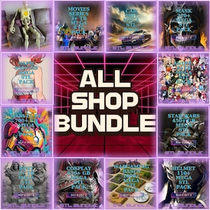 Puede incluir: Anuncio de paquetes STL digitales, que presenta varios temas. La imagen incluye paquetes para películas, coches, máscaras, anime, Marvel, Star Wars, cosplay, bases de wargaming y cascos. El texto central dice "ALL SHOP BUNDLE."