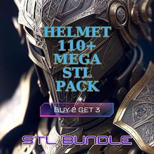 May include: A detailed image of a metallic helmet with intricate designs. The text on the image reads "HELMET 110+ MEGA STL PACK" and "STL BUNDLE". A banner below says "BUY 2 GET 3". The helmet has a dark, textured appearance.