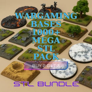 Puede incluir: Una colección de bases de wargaming con diversos terrenos, incluyendo lava, hierba y piedra. La imagen presenta el texto "WARGAMING BASES 1000+ MEGA STL PACK" y "STL BUNDLE". Algunas bases son redondas, otras cuadradas.