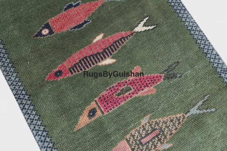 Handmade Wool Gabbeh Runner Rug, Green Fish Design, Folk Art Carpet - Etsy