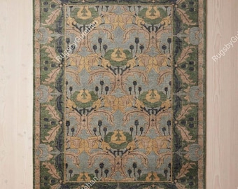 Handmade Wool Area Rug: Botanical Arts & Crafts Design