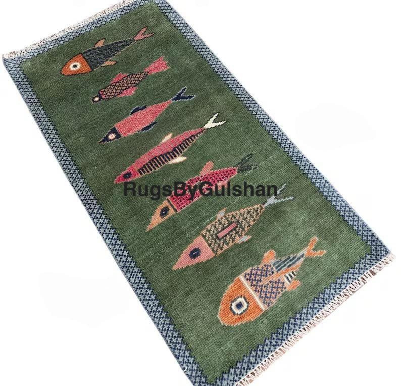 Handmade Wool Gabbeh Runner Rug, Green Fish Design, Folk Art Carpet - Etsy