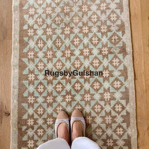 Handgeknüpfter Oushak Teppichläufer Vintage Türkischer Wollteppich, Beige Brauner Läufer, Geometrischer Musterteppich, Flur Küchen Läufer