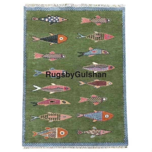 Handmade Wool Gabbeh Runner Rug, Green Fish Design, Folk Art Carpet