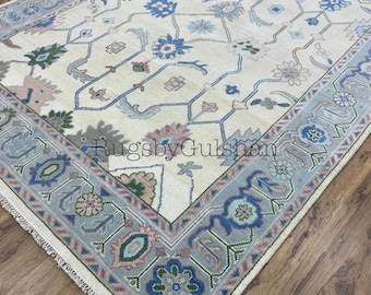 Premium Handwoven Oushak Rug, Blue Floral Turkish Rug, Ivory Wool Area Rug, Vintage Inspired Carpet, Large Living Room Rug, 8x10 9x12 10x14