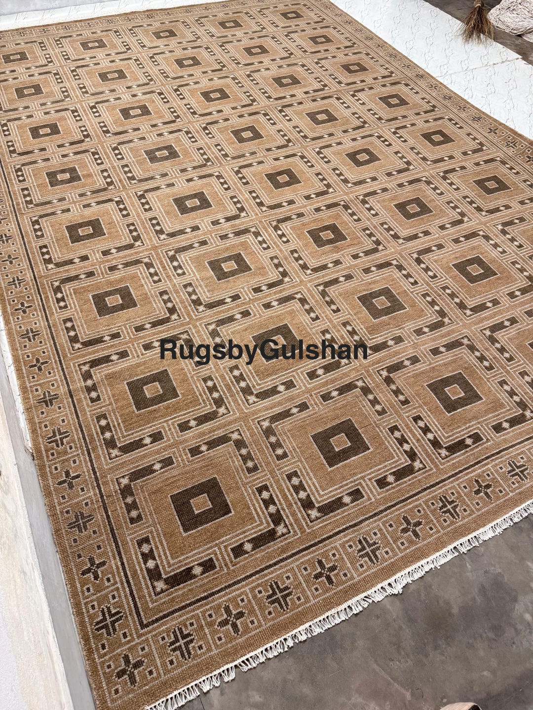 Large Hand Knotted Wool Rug, Muted Neutral Geometric Carpet, Beige ...
