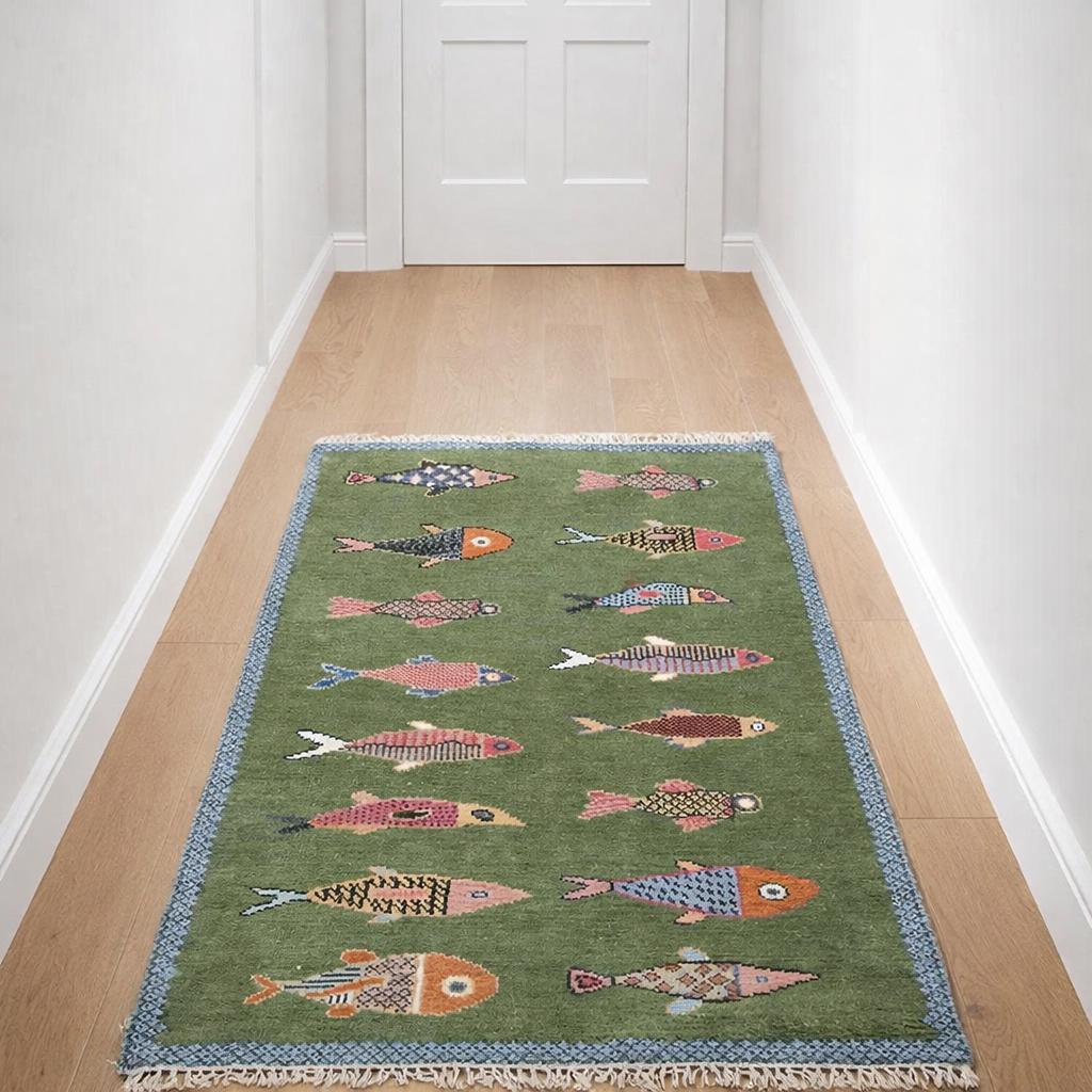 Handmade Wool Gabbeh Runner Rug, Green Fish Design, Folk Art Carpet - Etsy