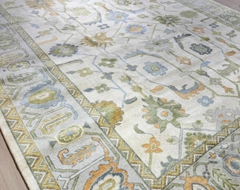Hand Knotted Oushak Wool Rug, Vintage Turkish Floral Area Carpet