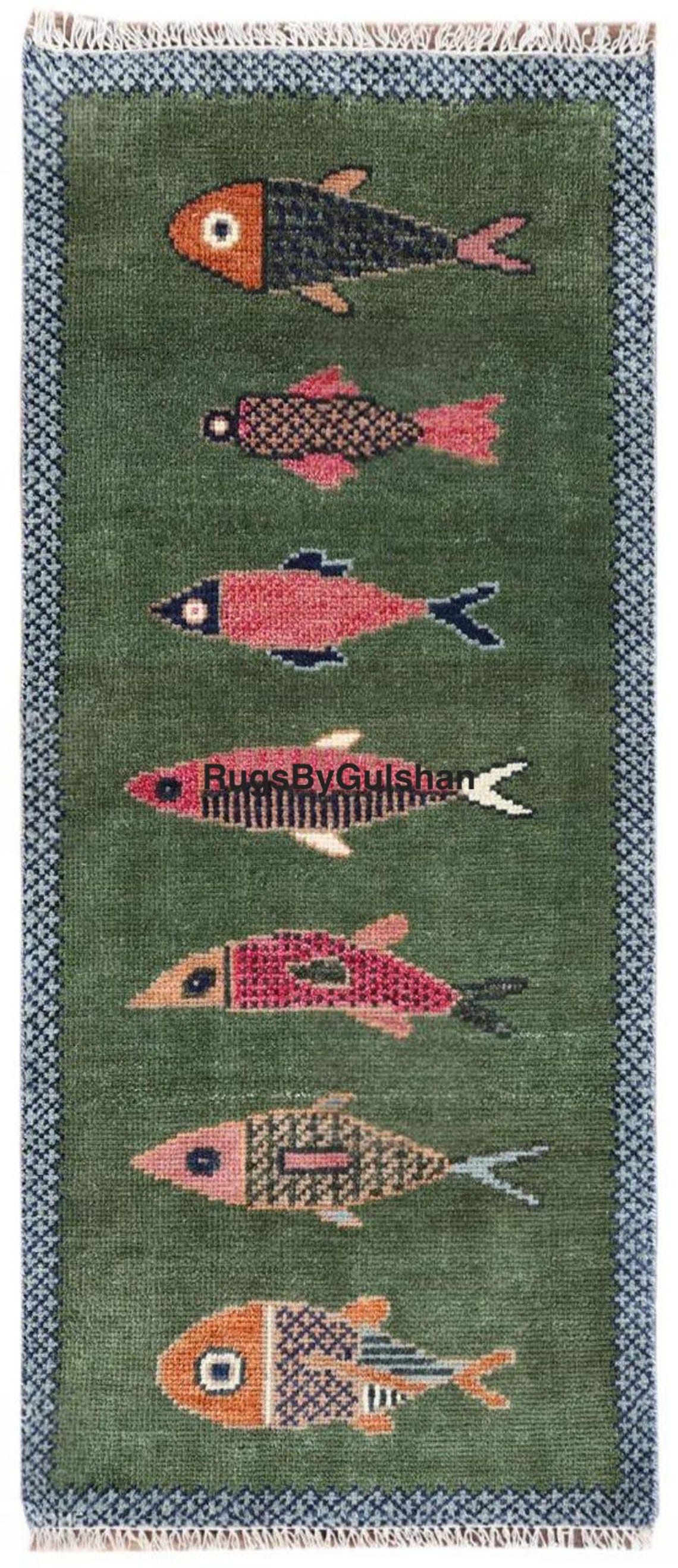 Handmade Wool Gabbeh Runner Rug, Green Fish Design, Folk Art Carpet - Etsy