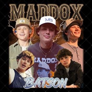May include: A collage-style graphic featuring multiple images of a young man, with the name "MADDOX" in a vintage font at the top and "BATSON" at the bottom. The background is black with a diamond pattern.