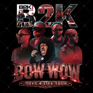 Może przedstawiać: Obraz promocyjny dla trasy B2K i Bow Wow Boys 4 Life. Obraz przedstawia grupę mężczyzn, z logo B2K na górze i logo Bow Wow na dole. Tło jest czarne z czerwonymi akcentami.