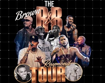 May include: A promotional image for "The Brown & Raymond Tour" featuring multiple male singers. The image has a black background with a grid pattern. The tour title is in a stylized font with a bronze color.