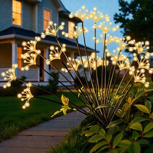 Può includere: Luci decorative per esterni a forma di scoppi di stelle. Le luci bianche calde sono montate su steli neri, creando un'esposizione luminosa. Le luci sono collocate in un'aiuola accanto a un vialetto lastricato, con una casa sullo sfondo.