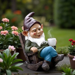 May include: A garden gnome statue, seated in a wooden rocking chair, holding a white cup with steam rising. The gnome wears a brown hat, green jacket, blue trousers, and black boots. The statue is set in a garden with potted plants.