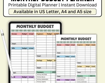 Printable Monthly Budget Planner | Colorful Monthly Spending Tracker PDF | Bullet Journal Budget Worksheet Digital Download