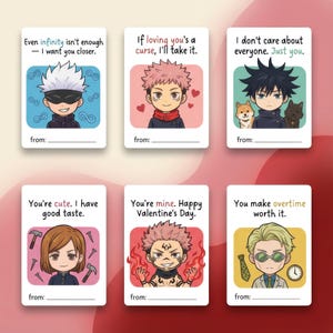 May include: Six Valentine's Day cards with anime-style illustrations and romantic phrases. Each card features a different character and a unique message, such as "If loving you's a curse, I'll take it."