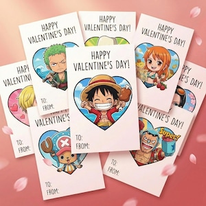 May include: A collection of Valentine's Day cards featuring anime characters. Each card has a heart-shaped design with a character illustration and the text "HAPPY VALENTINE'S DAY!". The cards include space to write "TO:" and "FROM:"