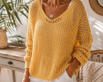 Blusa de malha aberta com capuz, suéter de verão transparente em crochê, top boho para praia