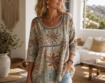 Top boho con dettagli in pizzo floreale, camicetta kaki a girocollo, tunica casual taglie forti