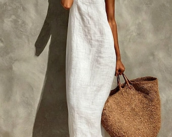 White Linen Maxi Dress, Sleeveless Casual Summer Beach Vacation Style