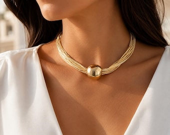 Multi Layered Gold Plated Statement Choker Necklace, Modern Collar Jewelry