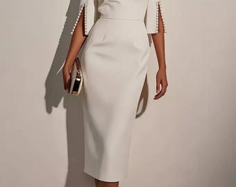 Elegant White Midi Dress | Slit Sleeve Cocktail, Wedding Guest, Evening Wear