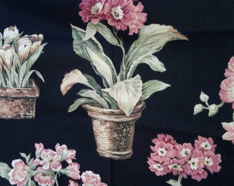 Fabric Decorator Broadcloth Cotton Black Background Potted Florals 22 Color Key Out Of Print Fabrics by AntiquesandVaria NEW Free Shipping