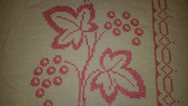 Linen Tablecloth Bubblegum Pink Embroidered Leaves With Border Work by AntiquesandVaria NEW Free Shipping