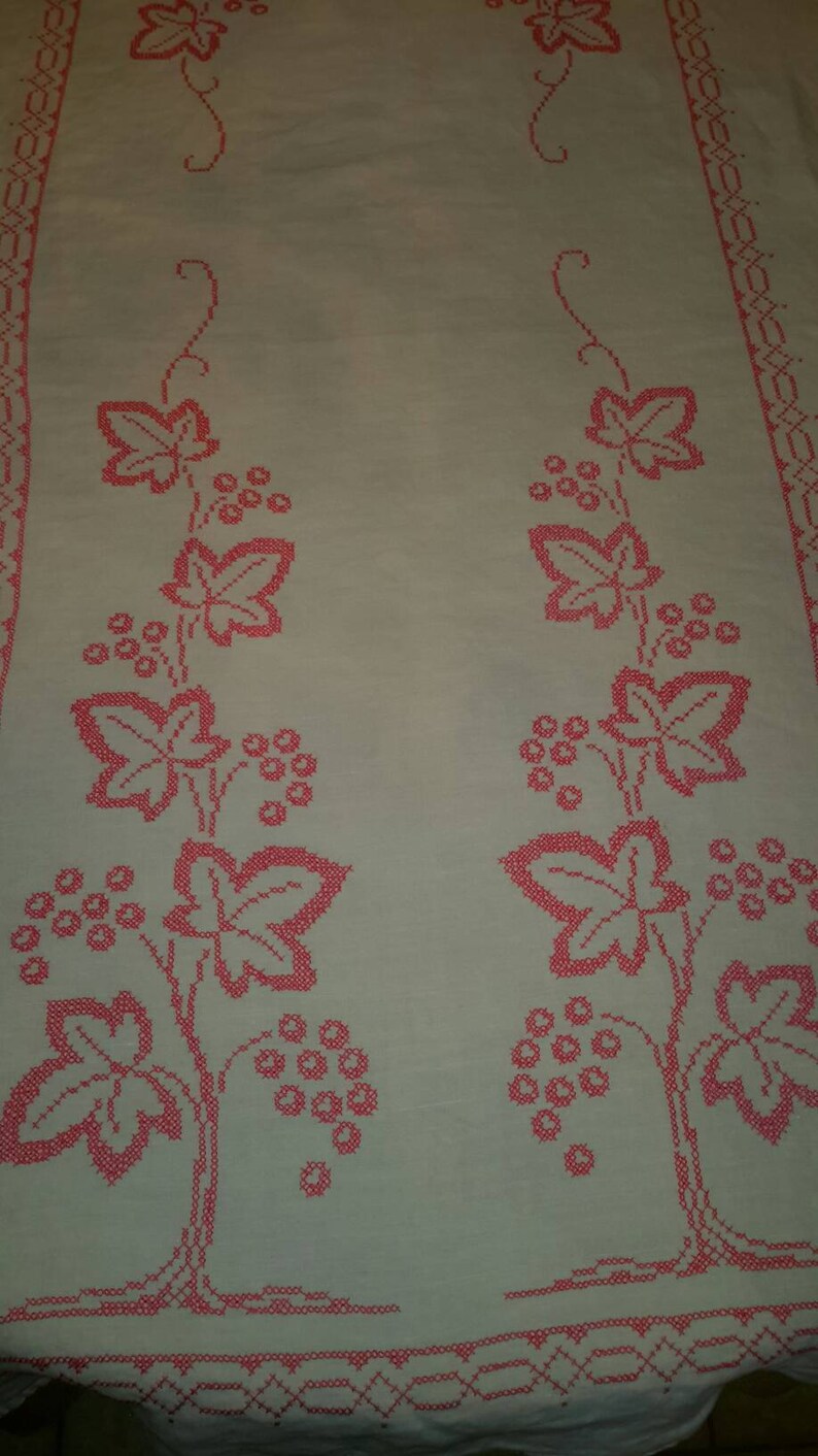 Linen Tablecloth Bubblegum Pink Embroidered Leaves With Border Work by AntiquesandVaria NEW Free Shipping