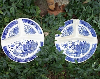 Blue Willow Grill Plates Pair Divided Indigo Asian Scene Plate With Wall Mounts by AntiquesandVaria