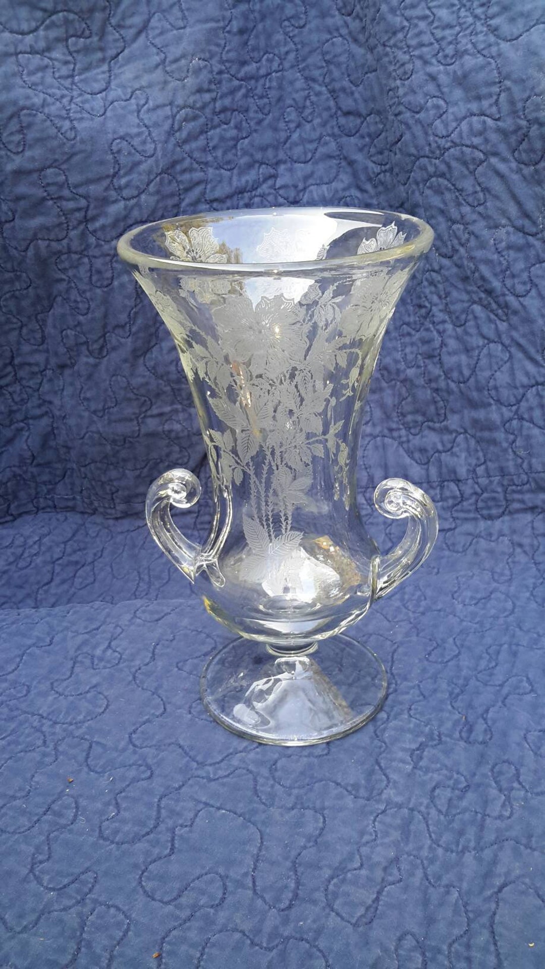 Vase Etched Glass Urn With Handles Classic Decor Find by Etsy
