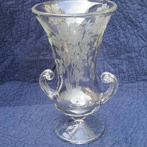 Vase Etched Glass Urn With Handles Classic Decor Find by AntiquesandVaria NEW Free Shipping