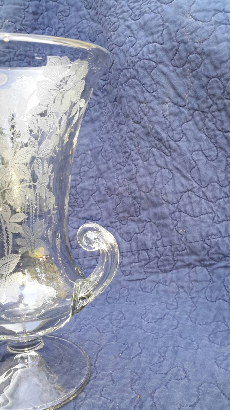 Vase Etched Glass Urn With Handles Classic Decor Find by Etsy