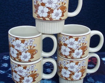 Coffee Cup Set Five Mid Century Earthtone Floral Kitchen Find Compact Storage by AntiquesandVaria