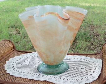 Art Glass Clamshell Vase Ivory With Salmon Seaglass Base Hand Blown Vintage Lalique Inspired Object by AntiquesandVaria NEW Free Shipping