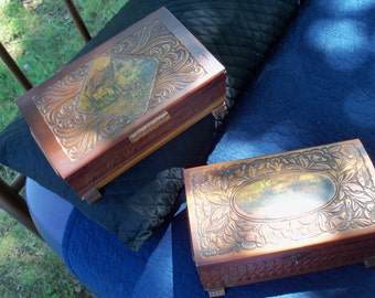 Carved Wooden Chests Turn Of Century Handmade His N Hers Bureau Jewelry Box Tramp Art Folk Art One Of A Kind For Rustic Cabin FREE Shipping