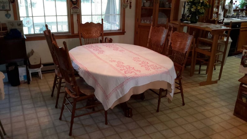 Linen Tablecloth Bubblegum Pink Embroidered Leaves With Border Work by AntiquesandVaria NEW Free Shipping