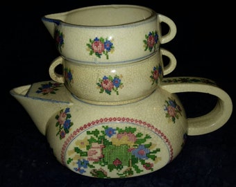 Teapot Mid Century Kitchen Unique Collectible Stacking Cream & Sugar With Cross Stitch Motif by AntiquesandVaria NEW Free Shipping