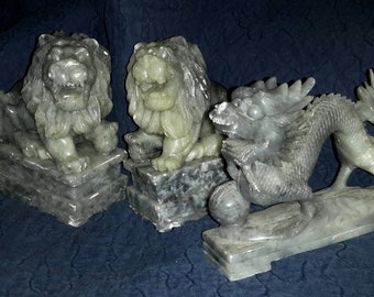 Stone Bookends Chinese Lions & Dragon Mid Century Library Treasures Classic Asian Find by AntiquesandVaria