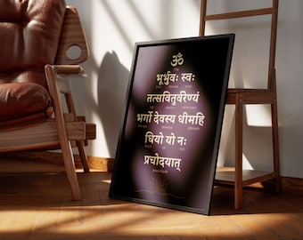 Grafika z mantrą Gayatri, sanskrycka sztuka ścienna, plakat z modlitwą hinduską, duchowa dekoracja ścienna, sztuka do sali jogi, grafika do medytacji, sztuka indyjska, cyfrowy plakat