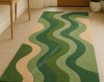 Green Wavy Hand Tufted Runner Rug | Modern Hallway Runner | Soft Thick Carpet for Entryway & Corridor | Contemporary Green Wave Rug 2X6