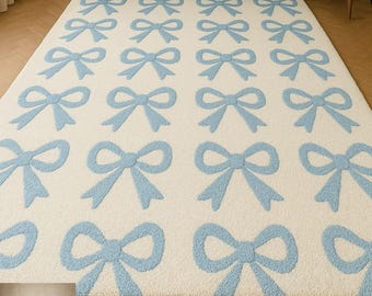 Light Blue Bow Pattern Hand-Tufted Rug | Cute Aesthetic 7X10 Soft Wool Area Rug for Living Room, Bedroom & Kids Room Custom Size Bow Rug