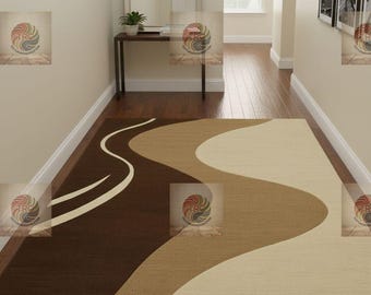 Modern bruin en beige met de hand getuft tapijt met abstracte golven – zachte handgemaakte 6 x 9 karpetten voor woonkamer, slaapkamer en eetkamer
