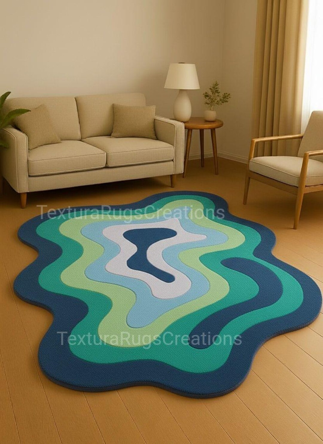 Wavy Small Rug Modern Abstract Wavy Blue Green Rug–irregular Shape Hand-tufted Wool ...